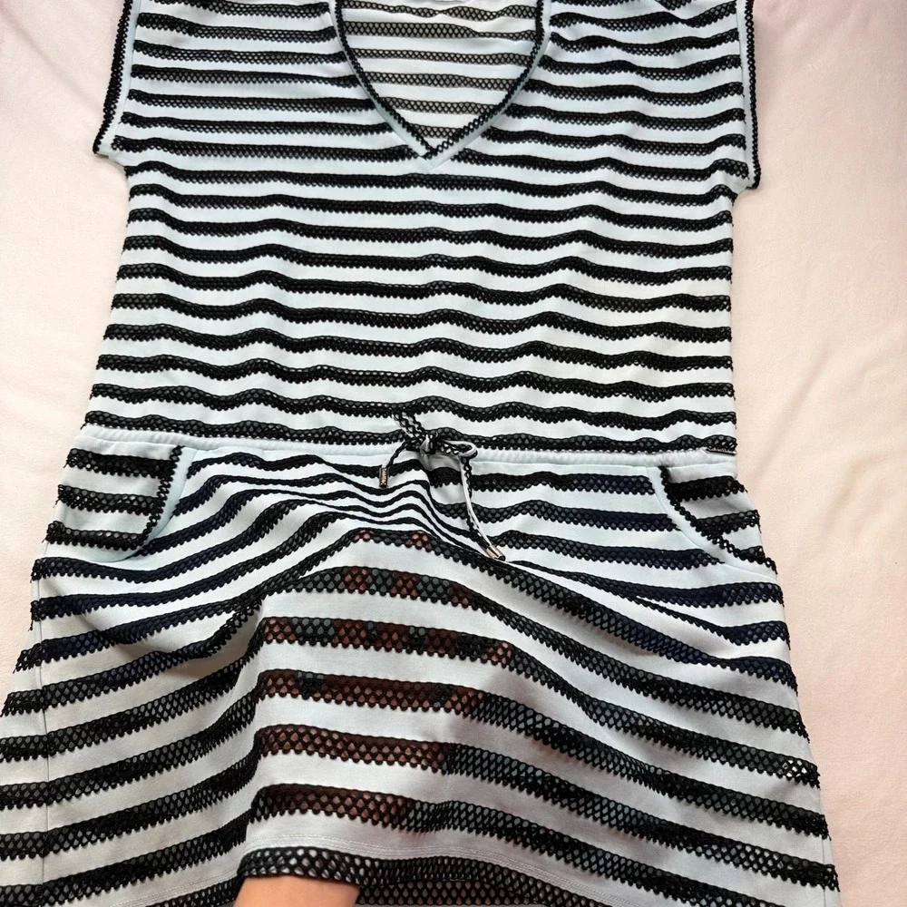 Calvin Klein Striped Mesh‎ Swim Cover-Up Dress Blue Black V-Neck Pockets Large